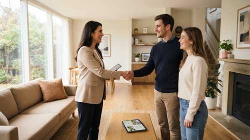 Real estate agent shaking hands with a couple during a home tour, representing a trusted buyer-agent partnership